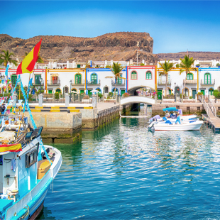 Puerto de Mogán op Gran Canaria met witte huizen, kleurrijke bloemen, palmbomen en boten in de sfeervolle jachthaven.